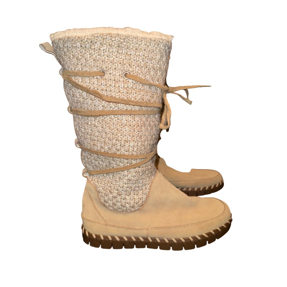 Muk Luks Women's Tan Suede Knit Tall Winter Boots Lace Up Cozy Lined‎ Size 8.5